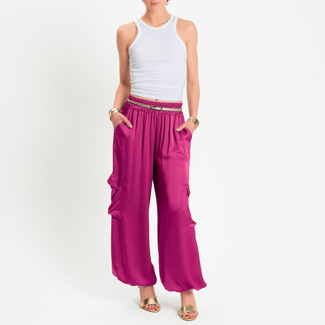 Motel-Pantalone cargo in satin elastico in vita - berry