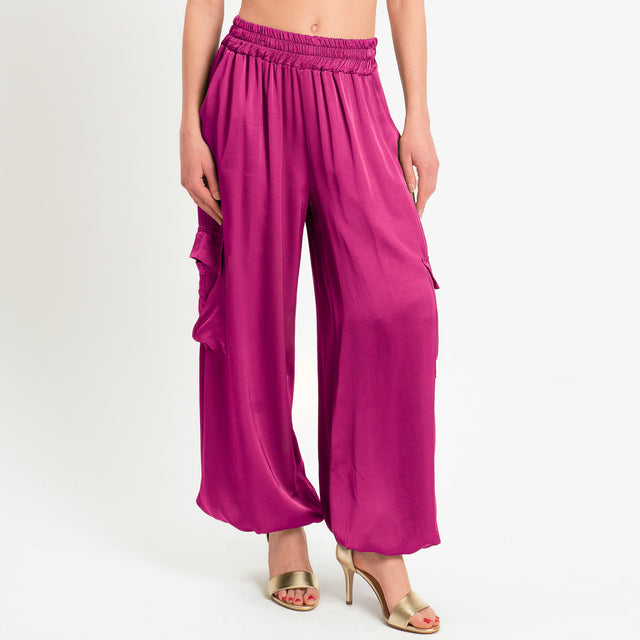 Motel-Pantalone cargo in satin elastico in vita - berry