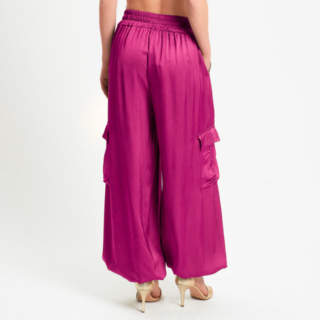 Motel-Pantalone cargo in satin elastico in vita - berry