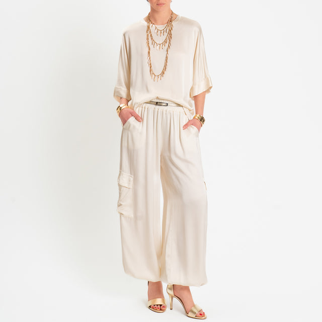 Motel-Pantalone cargo in satin elastico in vita - burro