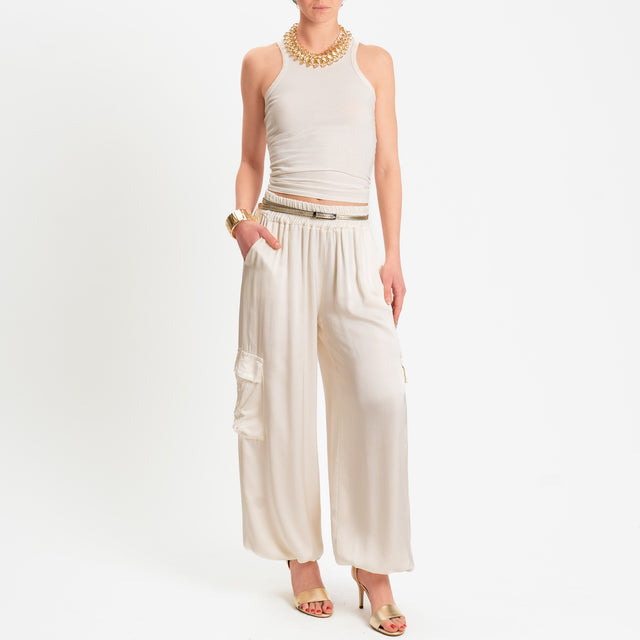 Motel-Pantalone cargo in satin elastico in vita - burro