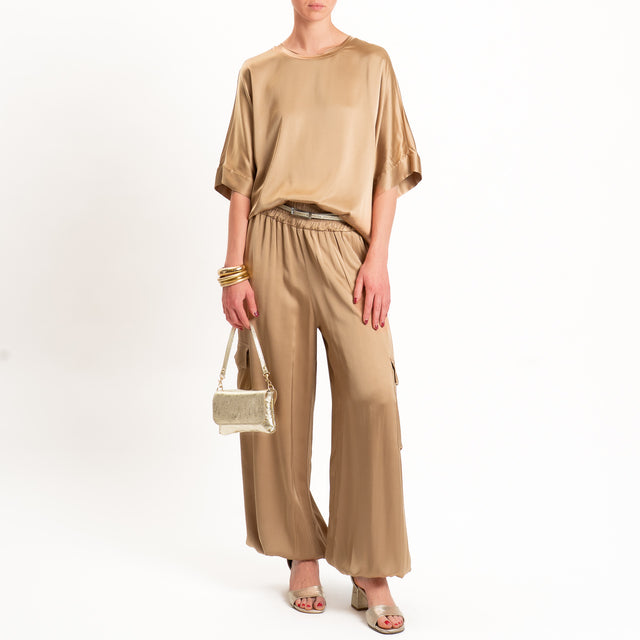 Motel-Pantalone cargo in satin elastico in vita - desert