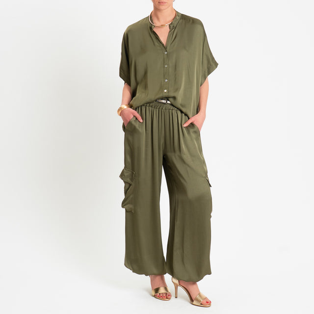 Motel-Pantalone cargo in satin elastico in vita - militare