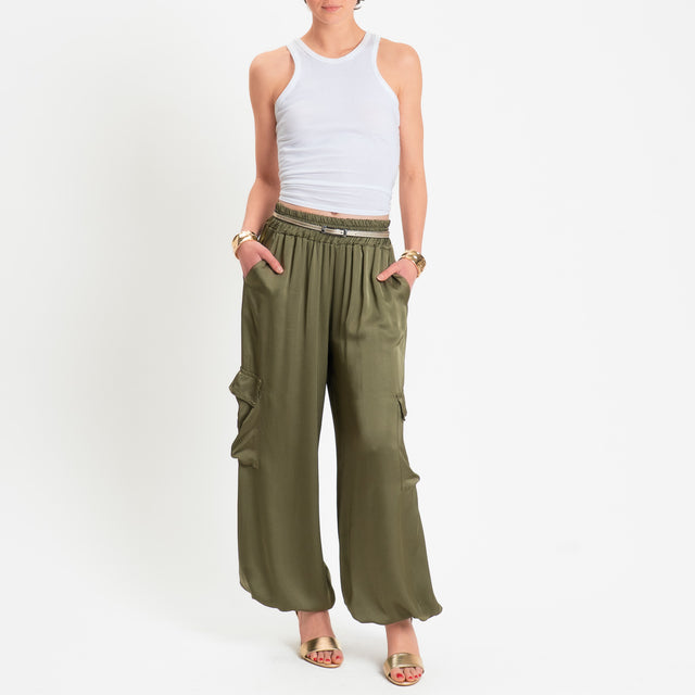 Motel-Pantalone cargo in satin elastico in vita - militare