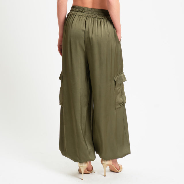 Motel-Pantalone cargo in satin elastico in vita - militare