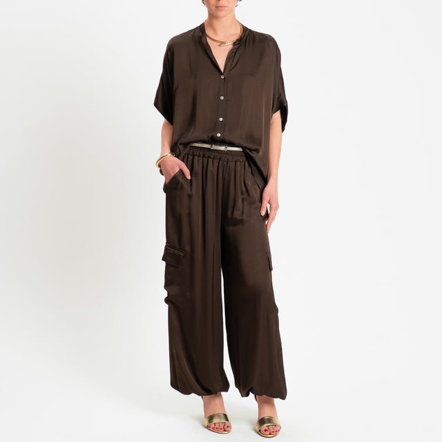 Motel-Pantalone cargo in satin elastico in vita - caffe'