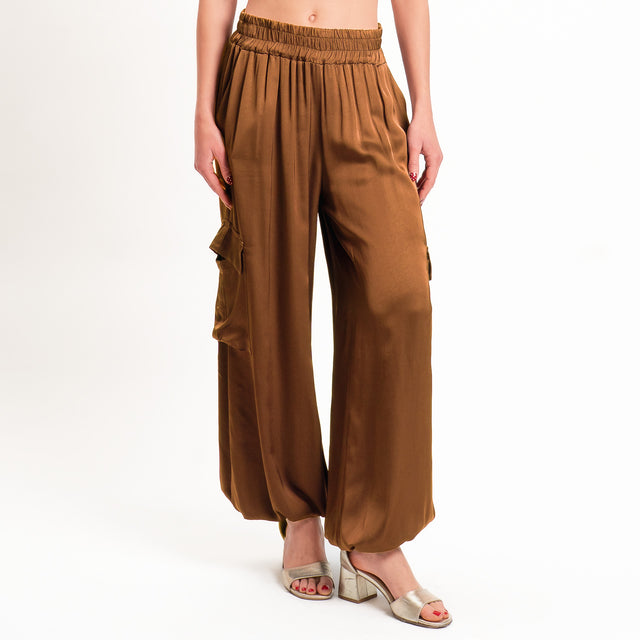 Motel-Pantalone cargo in satin elastico in vita - sigaro
