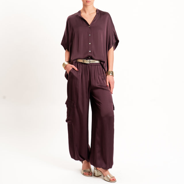 Motel-Pantalone cargo in satin elastico in vita - burgundy