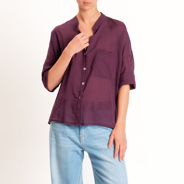 Motel-Camicia mussola collo coreana con taschino - burgundy