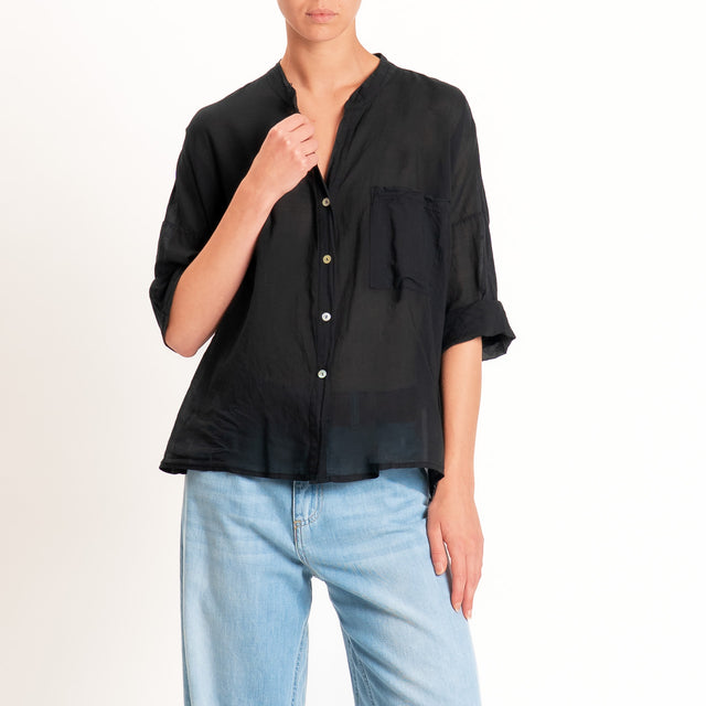 Motel-Camicia mussola collo coreana con taschino - Nero