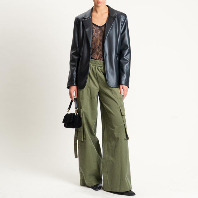 Motel-Pantalone cargo wide leg elastico in vita - militare