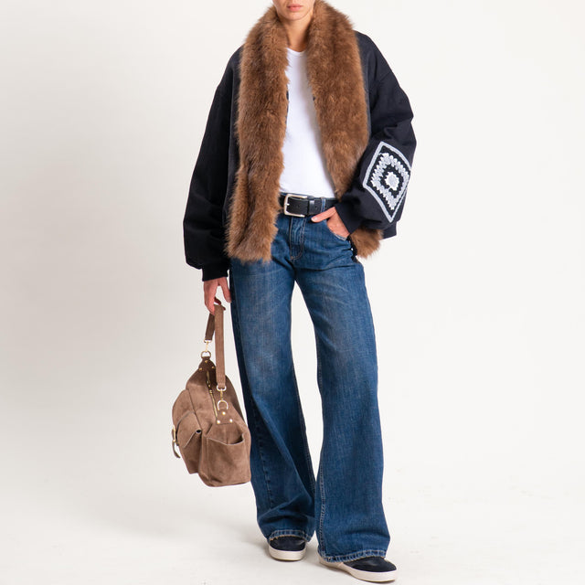 Motel-Bomber in denim collo ecopelliccia - nero
