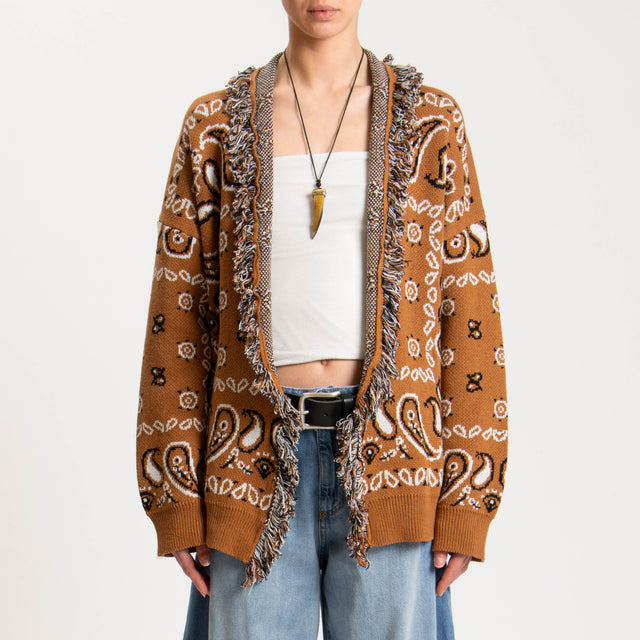 Motel-Cardigan jacquard con frange - rust/nero/latte