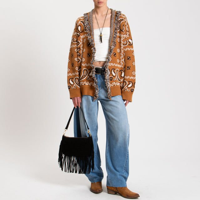 Motel-Cardigan jacquard con frange - rust/nero/latte