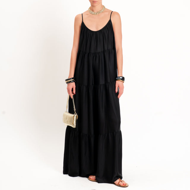 Motel-Abito satin con balze bretelle regolabili - nero