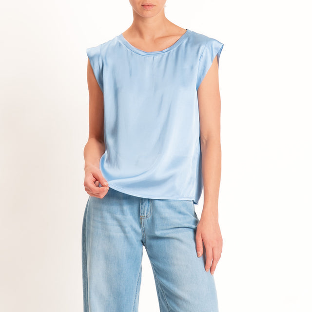 Motel-Blusa smanicata in satin viscosa elasticizza - azzurro