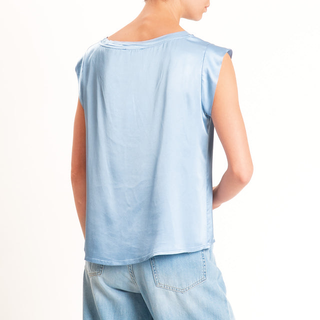Motel-Blusa smanicata in satin viscosa elasticizza - azzurro