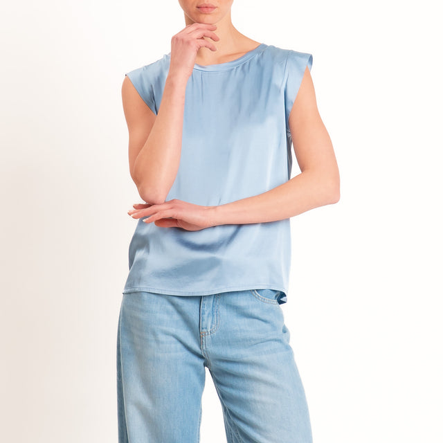 Motel-Blusa smanicata in satin viscosa elasticizzata - cielo
