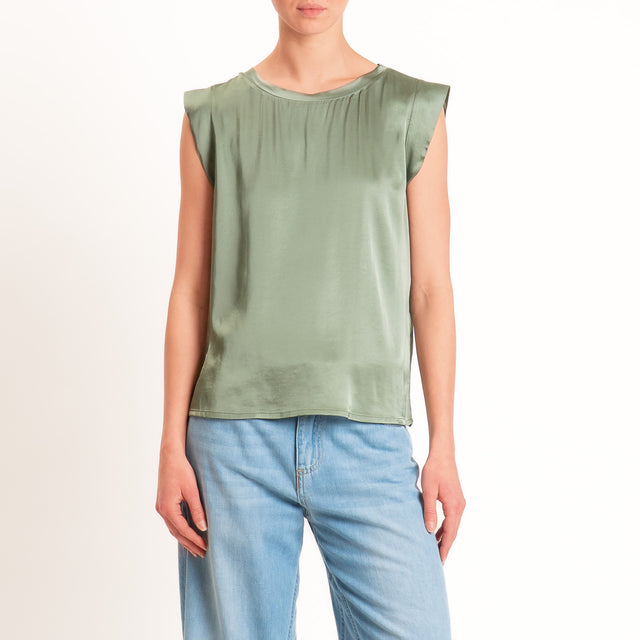 Motel-Blusa smanicata in satin viscosa elasticizzata - militare
