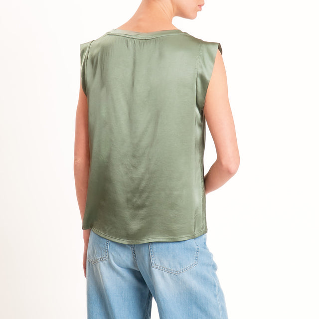 Motel-Blusa smanicata in satin viscosa elasticizzata - militare