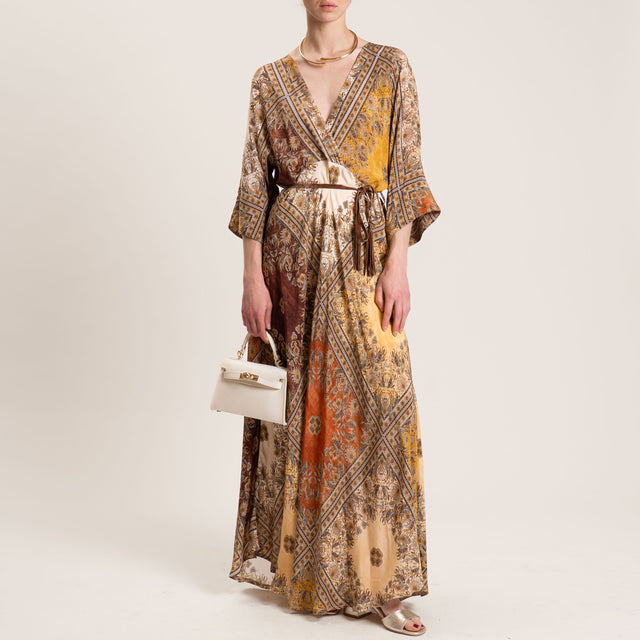 Vestido Motel con escote en V y estampado en viscosa - beige/mostaza/marrón oscuro