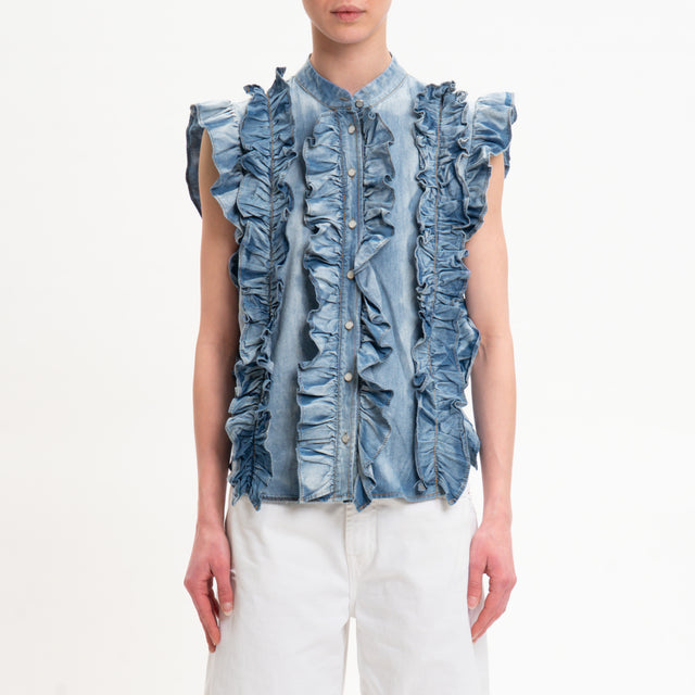 Motel-Camicia chambray smanicata con rouches - denim