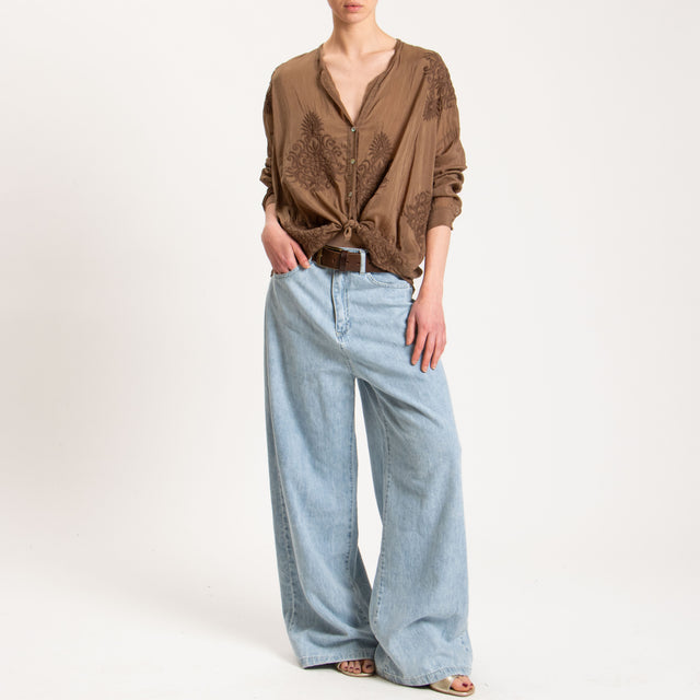 Motel-Camicia misto seta con ricami - moka