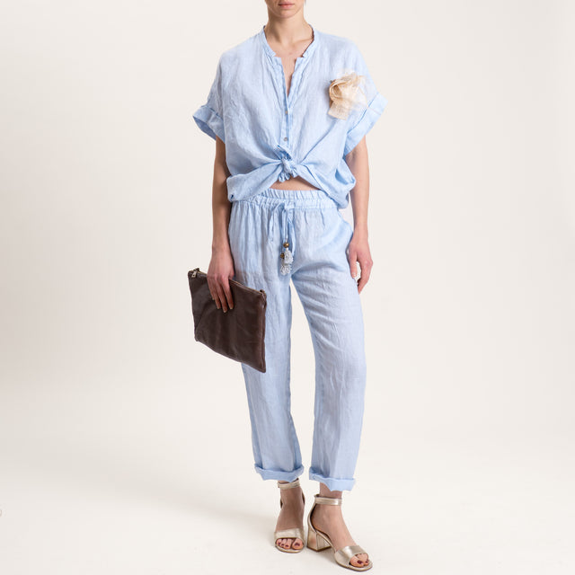 Motel-Camicia in lino mezza manica con spilla - cielo