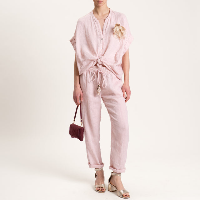 Motel-Camicia in lino mezza manica con spilla - cipria