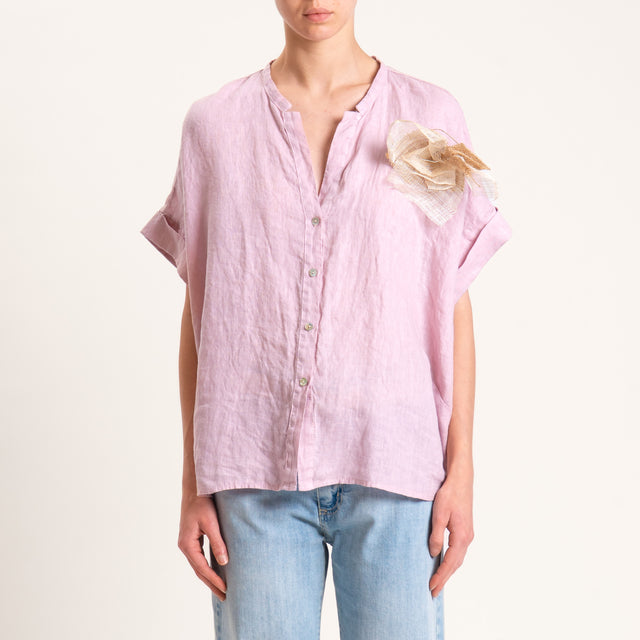 Motel-Camicia in lino mezza manica con spilla - rosa
