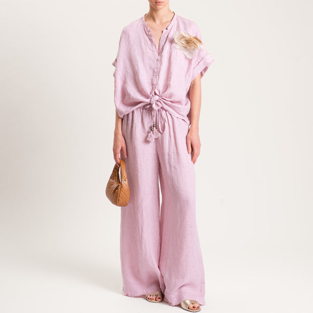 Motel-Camicia in lino mezza manica con spilla - rosa