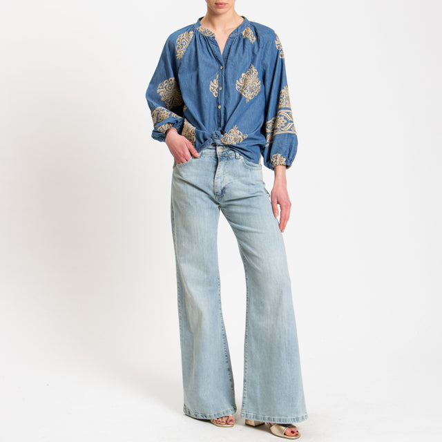 Motel-Camicia chambray con ricami - denim/beige