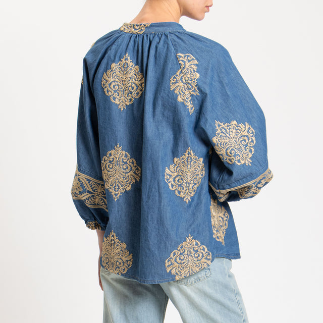 Motel-Camicia chambray con ricami - denim/beige
