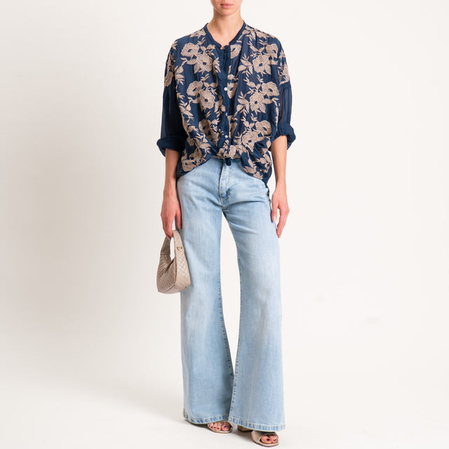 Motel-Camicia mussola MISTO SETA con ricami - Blu