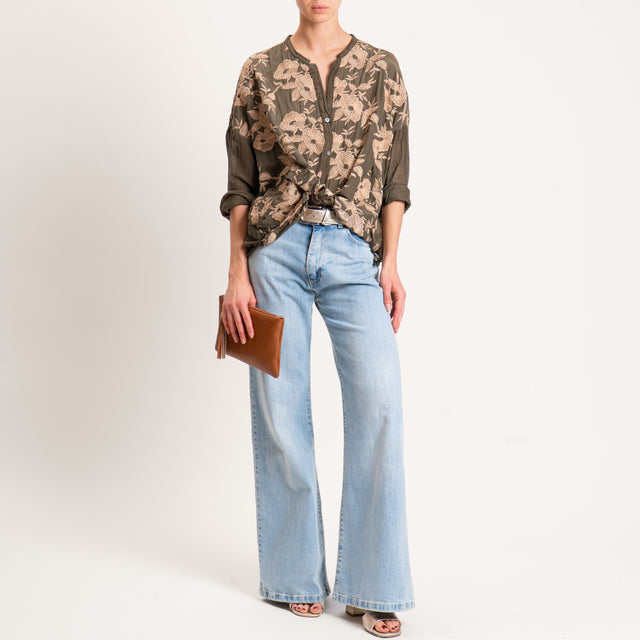 Motel-Camicia mussola MISTO SETA con ricami - militare