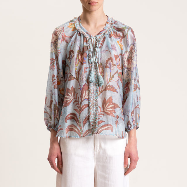 Motel-Blusa mussola lyocell fantasia floreale - acqua/cacao/burro