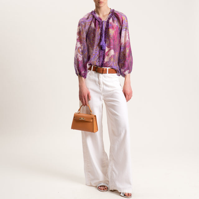 Motel-Blusa mussola lyocell fantasia con nappine - cipria/viola/ciclamino