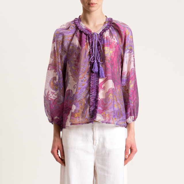 Motel-Blusa mussola lyocell fantasia con nappine - cipria/viola/ciclamino