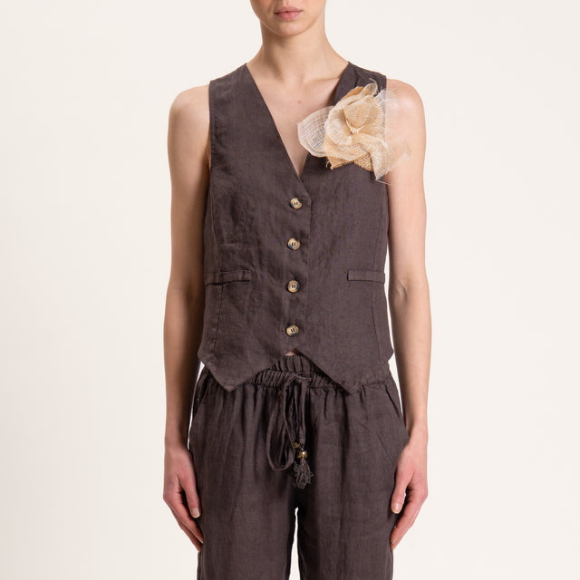 Motel-Gilet in lino con spilla - moro
