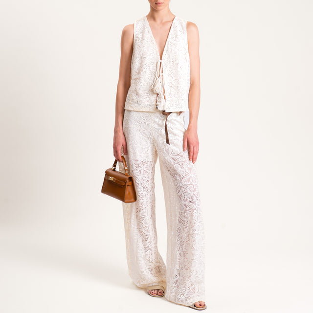 Motel-Gilet pizzo crochet con nappine - panna