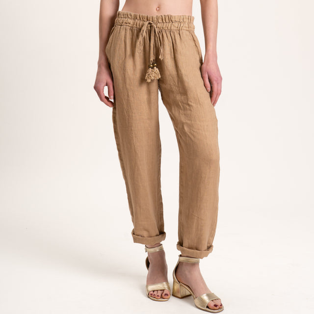 Motel-Pantalone in lino con coulisse - cammello