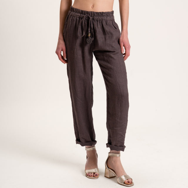 Motel-Pantalone in lino con coulisse - moro
