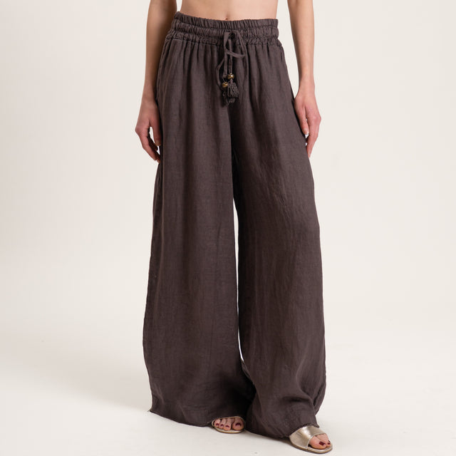 Motel-Pantalone palazzo in lino con coulisse - moro