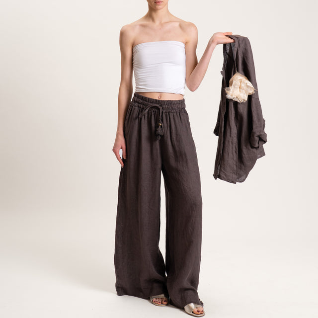 Motel-Pantalone palazzo in lino con coulisse - moro