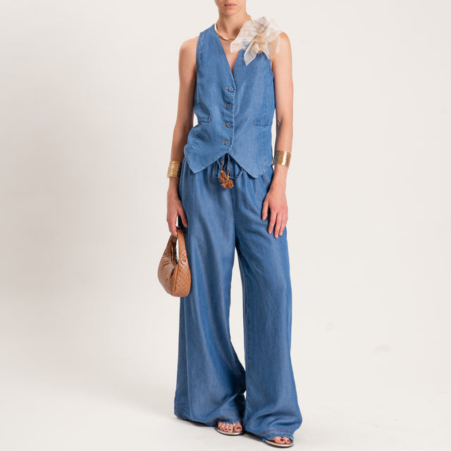 Motel-Pantalone chambray elastico in vita con nappine - denim