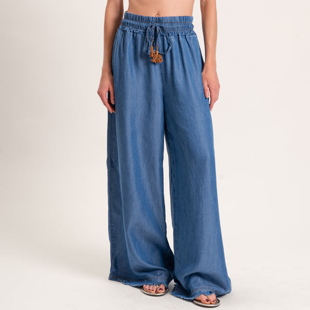 Motel-Pantalone chambray elastico in vita con nappine - denim