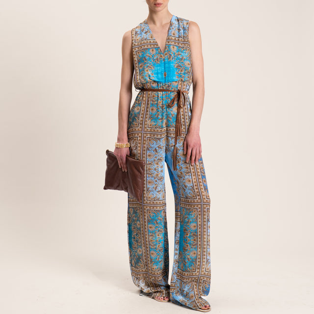 Mono Motel con cuello en V y estampado en viscosa - azul claro/marrón oscuro/beige