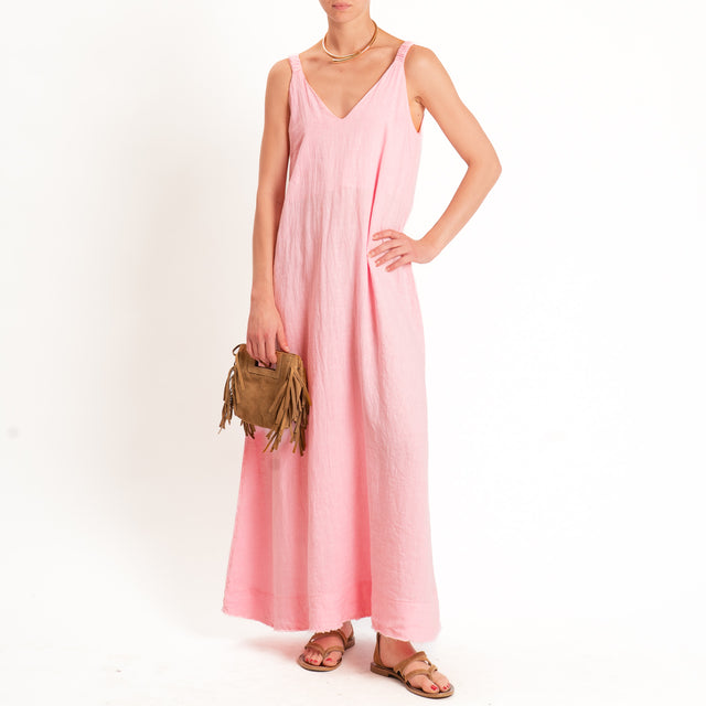 Motel-Abito doppio scollo v 100%lino - rosa confetto
