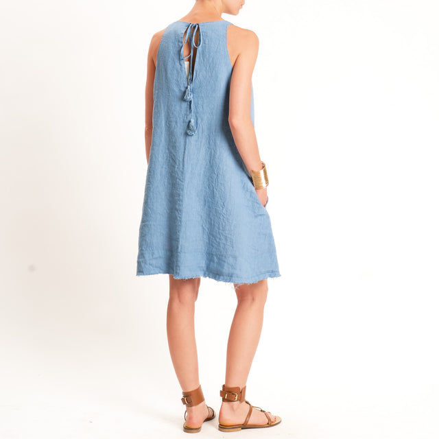 Motel-Abito scollo v sfrangiato 100% lino - jeans