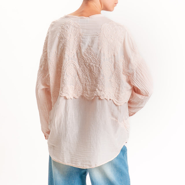 Motel-Camicia mussola misto seta con ricami - cipria